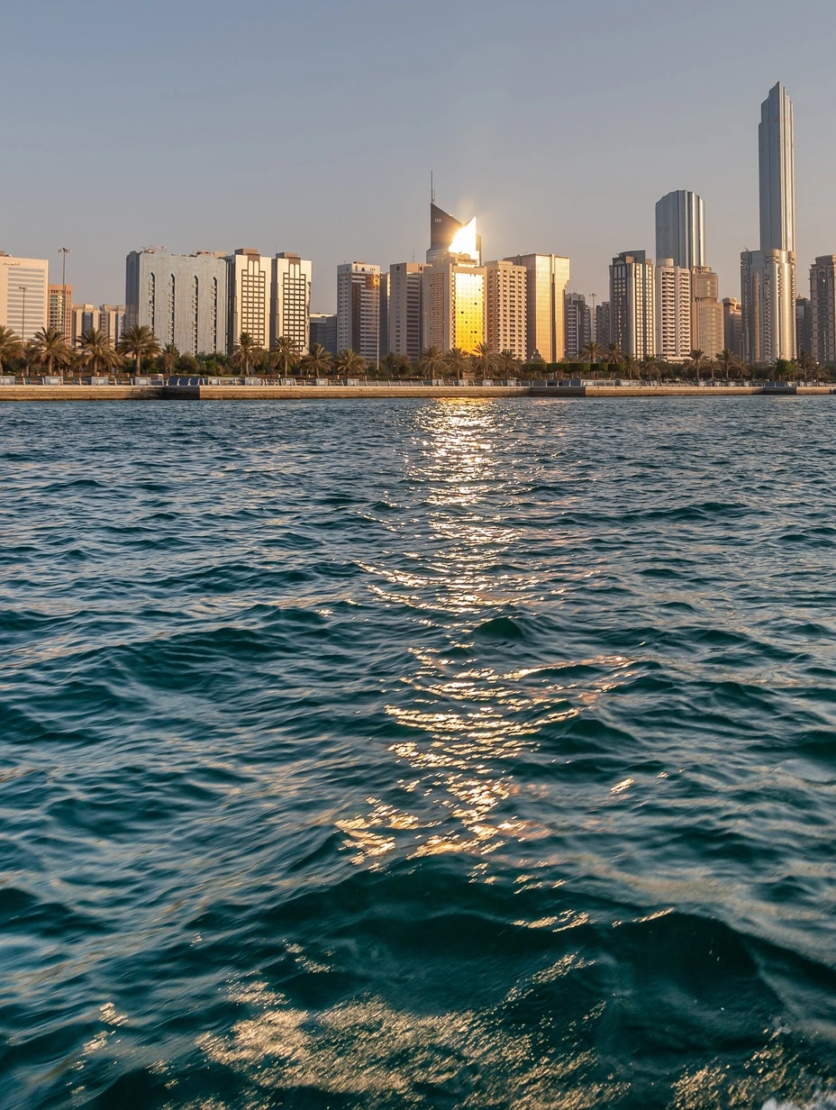 Abu Dhabi skyline at sunset from the seaside