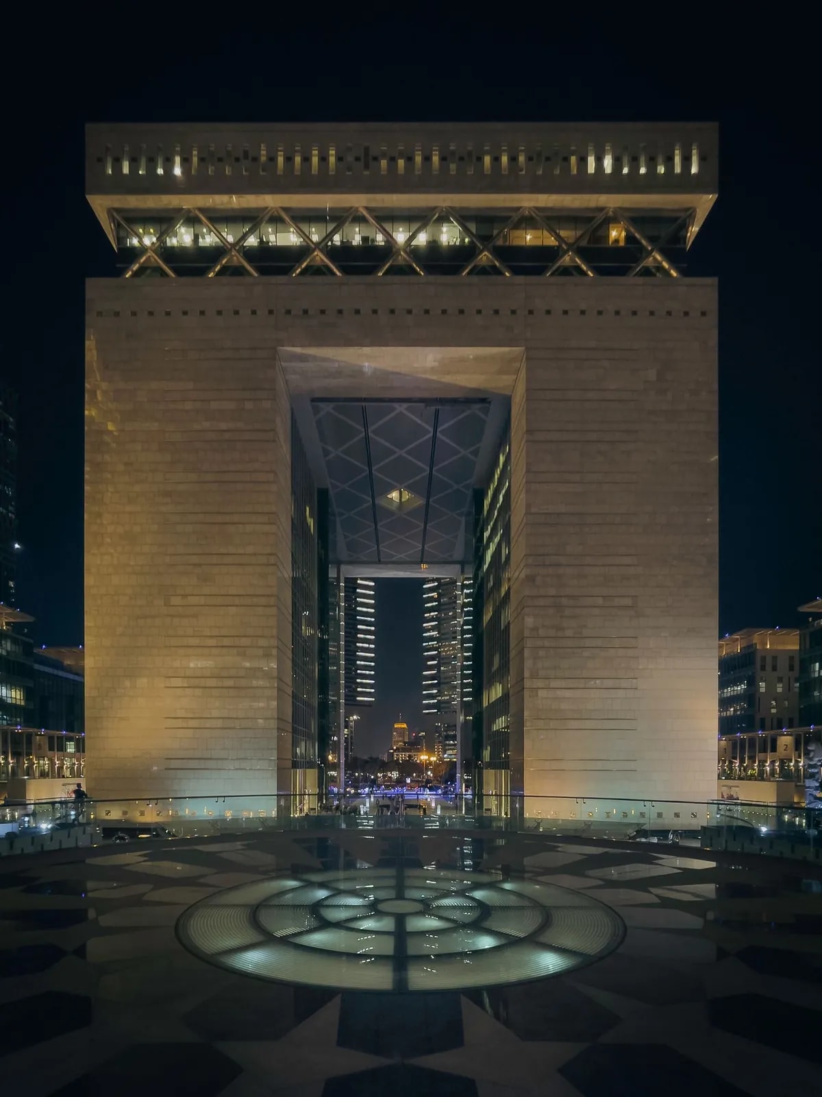 The Gate building at night in DIFC, the district where we install home automation in apartments