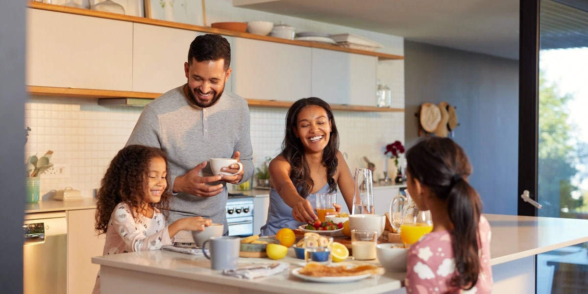 Family enjoying a comfortable, healthy smart home