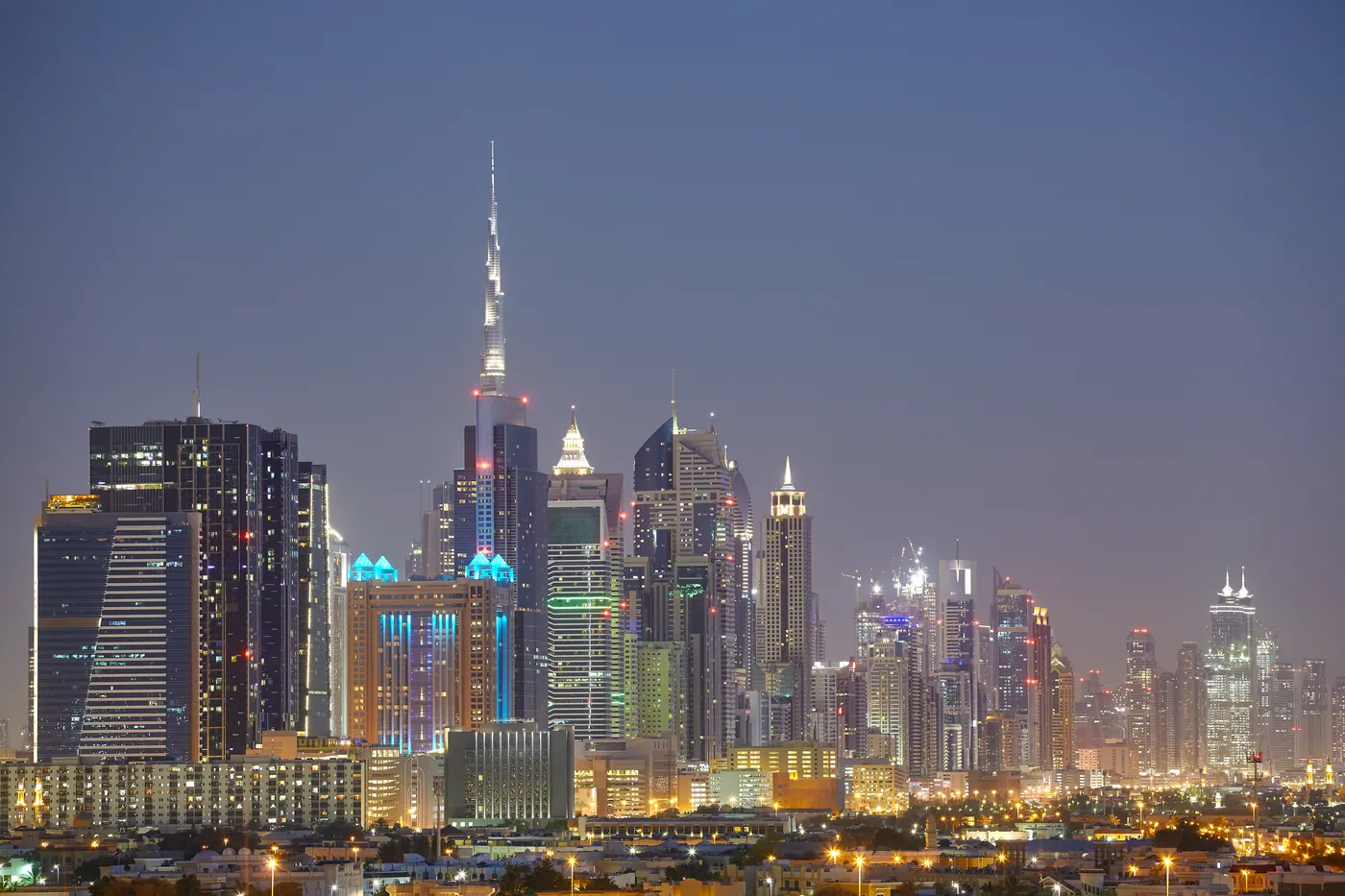 Downtown Dubai apartment towers lit up at night