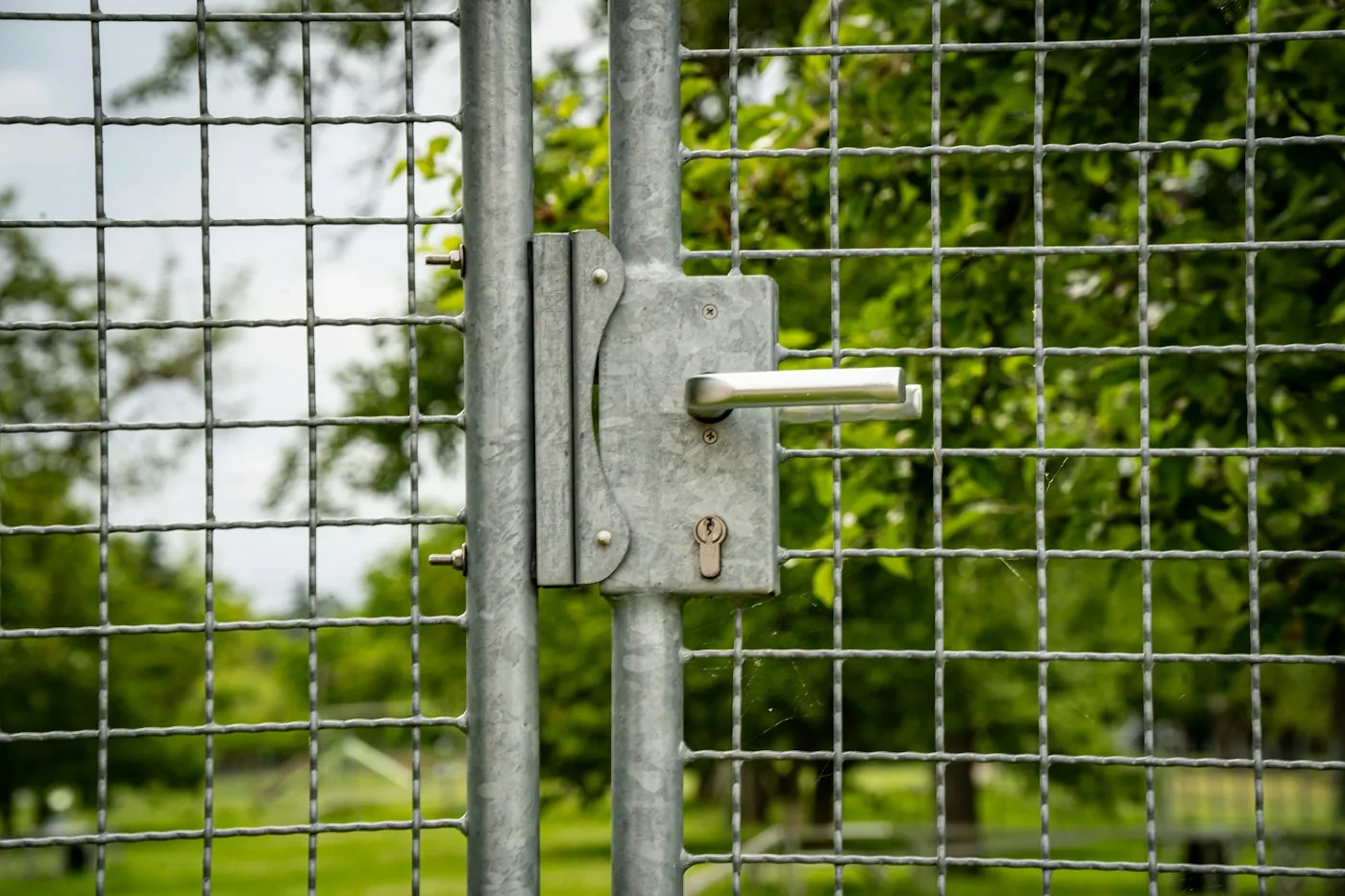 Close-up of a modern metal gate handle and lock set against a green garden