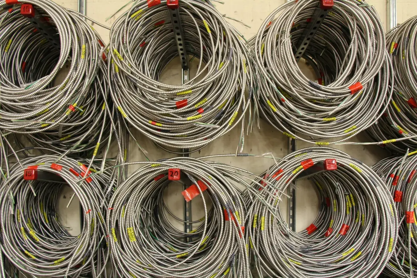 Coils of structured bus cable staged on a rack before being pulled through a new-build wall