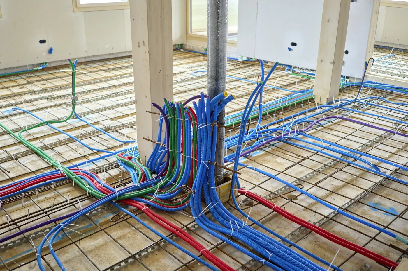 Colour-coded cable conduits laid into a rebar floor slab before the concrete pour