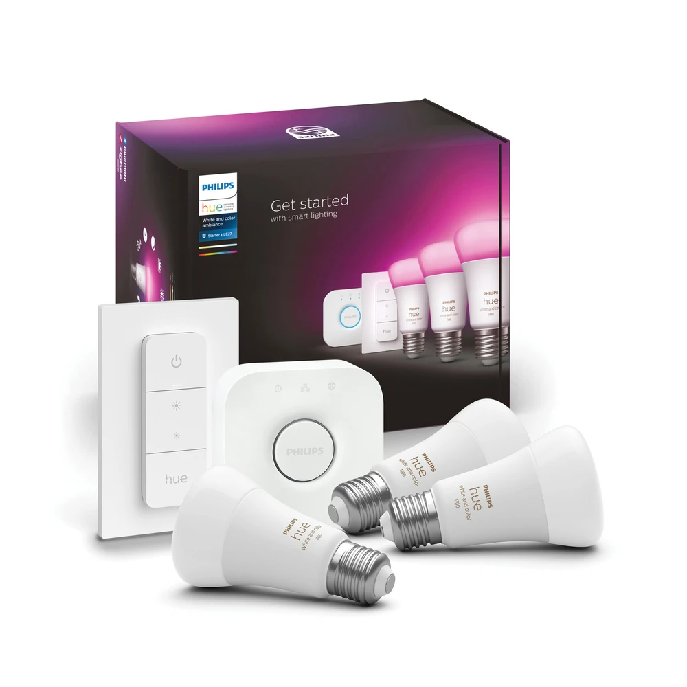 Philips Hue White and Colour Starter Kit with three E27 bulbs and the Hue Bridge