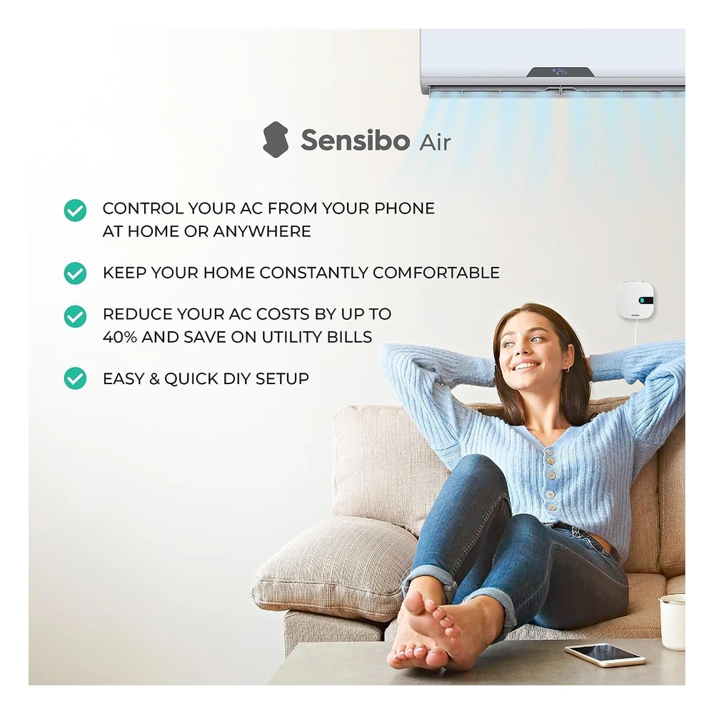 Sensibo Air infrared AC controller mounted with line of sight to a split unit in a Dubai apartment